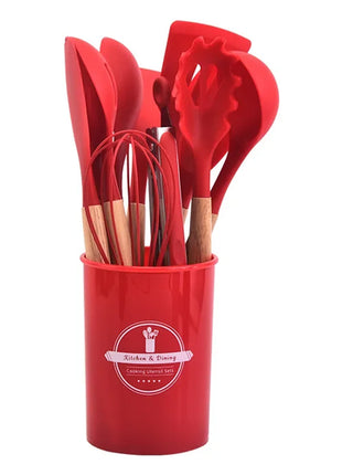 12Pcs Silicone Kitchen Utensils Cooking Wooden Handle Non Stick Pot