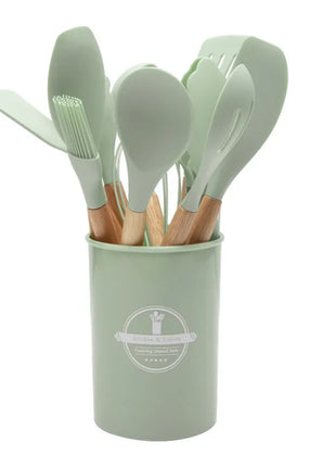 12Pcs Silicone Kitchen Utensils Cooking Wooden Handle Non Stick Pot