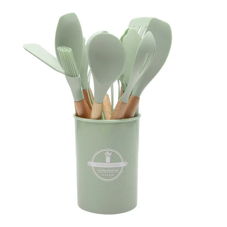 12Pcs Silicone Kitchen Utensils Cooking Wooden Handle Non Stick Pot