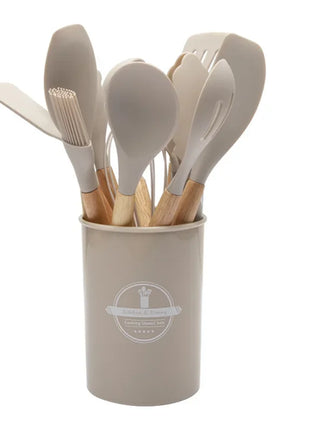 12Pcs Silicone Kitchen Utensils Cooking Wooden Handle Non Stick Pot