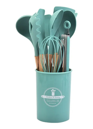 12Pcs Silicone Kitchen Utensils Cooking Wooden Handle Non Stick Pot