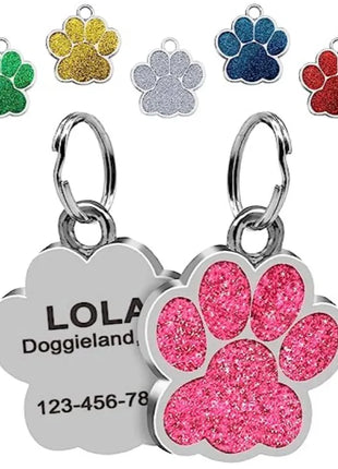 Personalized Dog Cat Tags Engraved Cat Dog Glitter Pendant Paw Print