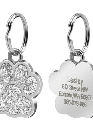 Personalized Dog Cat Tags Engraved Cat Dog Glitter Pendant Paw Print