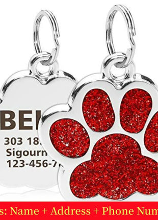 Personalized Dog Cat Tags Engraved Cat Dog Glitter Pendant Paw Print