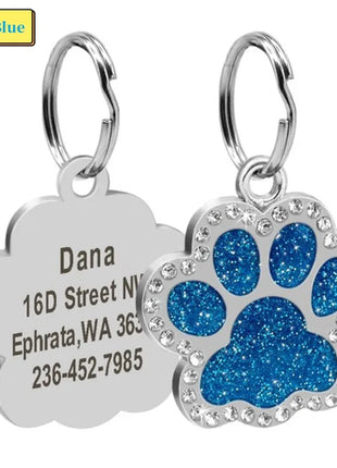 Personalized Dog Cat Tags Engraved Cat Dog Glitter Pendant Paw Print