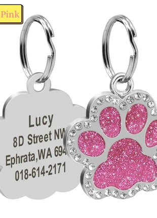 Personalized Dog Cat Tags Engraved Cat Dog Glitter Pendant Paw Print