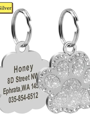 Personalized Dog Cat Tags Engraved Cat Dog Glitter Pendant Paw Print