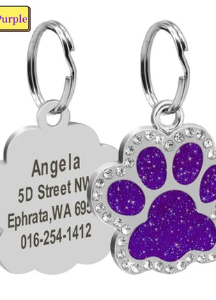 Personalized Dog Cat Tags Engraved Cat Dog Glitter Pendant Paw Print