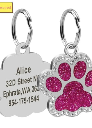 Personalized Dog Cat Tags Engraved Cat Dog Glitter Pendant Paw Print
