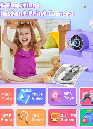 Educational Thermal Instant Print Camera With 32G Card, 1080P Children