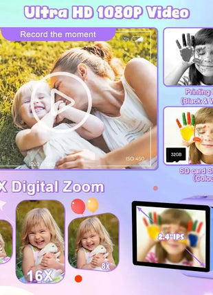 Educational Thermal Instant Print Camera With 32G Card, 1080P Children