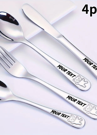 4pc Customizable Name 304 Stainless Steel Flatware Set with Cute Bear