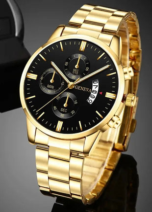 2023 Fashion Men Gold Stainless Steel Watch Luxury Calendar Quartz