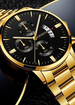 2023 Fashion Men Gold Stainless Steel Watch Luxury Calendar Quartz