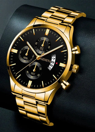2023 Fashion Men Gold Stainless Steel Watch Luxury Calendar Quartz