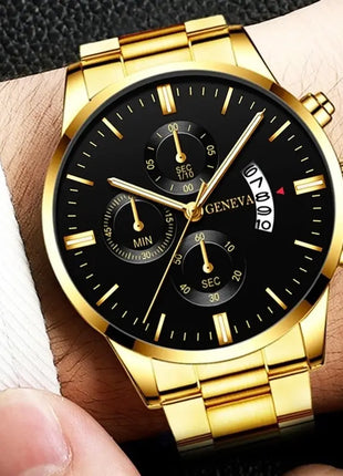 2023 Fashion Men Gold Stainless Steel Watch Luxury Calendar Quartz