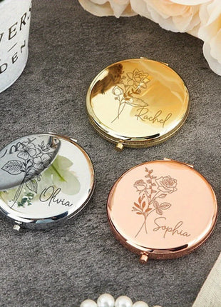 Engraved Compact Mirror with Birth Flower Design Elegant Portable