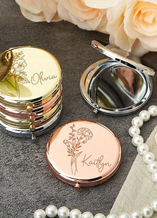 Engraved Compact Mirror with Birth Flower Design Elegant Portable