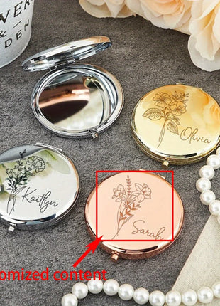 Engraved Compact Mirror with Birth Flower Design Elegant Portable