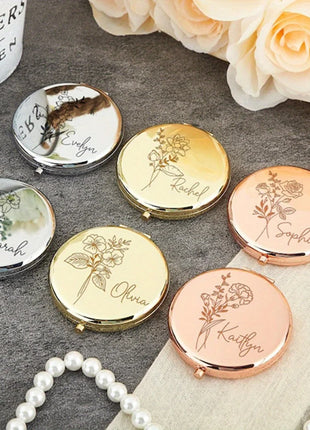 Engraved Compact Mirror with Birth Flower Design Elegant Portable