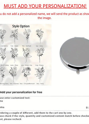 Engraved Compact Mirror with Birth Flower Design Elegant Portable