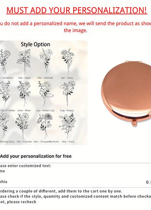 Engraved Compact Mirror with Birth Flower Design Elegant Portable