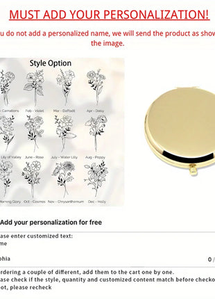 Engraved Compact Mirror with Birth Flower Design Elegant Portable