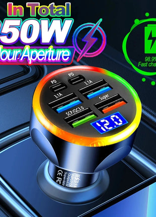 250W Car Charger Quick Charge Cigarette Lighter Adapter 6-Port USB