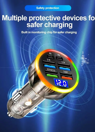 250W Car Charger Quick Charge Cigarette Lighter Adapter 6-Port USB