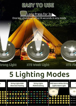 Camping String Lights Rechargeable LED Flashlight Hook lamp 4 in 1