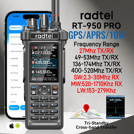 Radtel RT-950 PRO Walkie Talkie AM/FM/CB/LSB/USB/CW Receiver with GPS