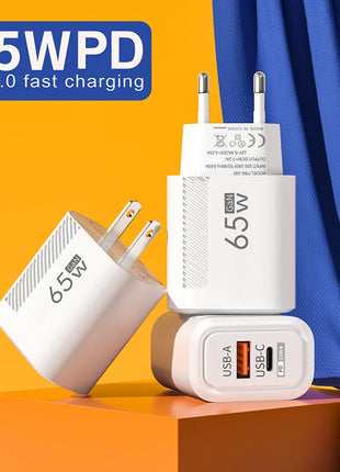 65W GaN USB C Fast Charger QC3.0 EU/US Plug Phone Charger Adapter For