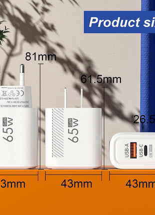 65W GaN USB C Fast Charger QC3.0 EU/US Plug Phone Charger Adapter For