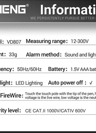 ANENG VD807 Smart Induction Tester Pen AC 12-300V Voltage Tester NCV