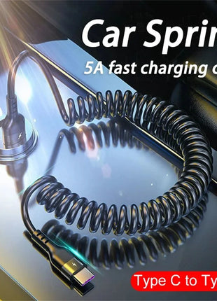 5A Fast Charging Spring Data Cable 66W Retractable USB Type C Cable