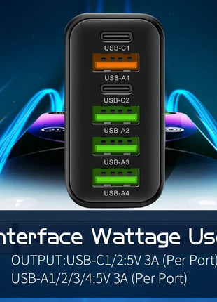 6 Ports 65W USB PD Charger Fast Charging Type C Phone Charger Adapter