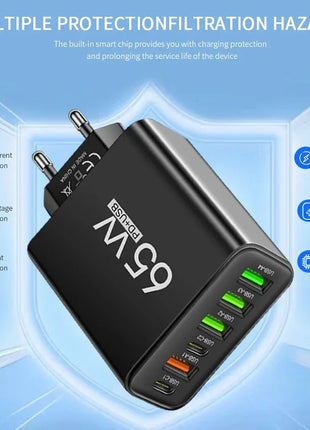 6 Ports 65W USB PD Charger Fast Charging Type C Phone Charger Adapter