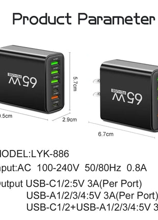 6 Ports 65W USB PD Charger Fast Charging Type C Phone Charger Adapter