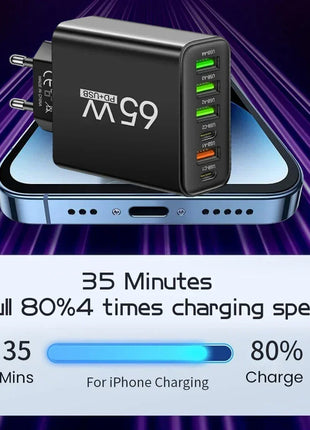 6 Ports 65W USB PD Charger Fast Charging Type C Phone Charger Adapter