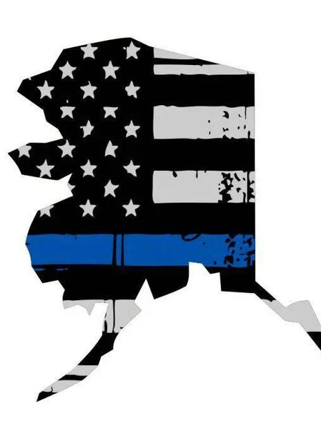 Thin Blue line decal - State of Alaska Thin Blue Line Grey tattered Flag Decal - Various Sizes.