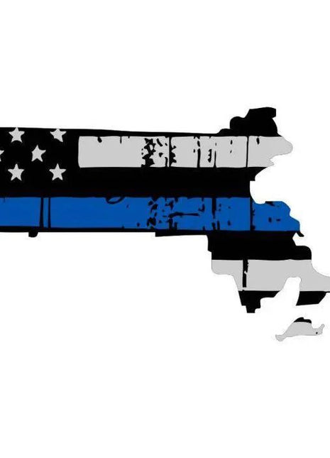 Thin Blue line decal - State of Massachusetts Thin Blue Line Grey tattered Flag Decal - Various Sizes.