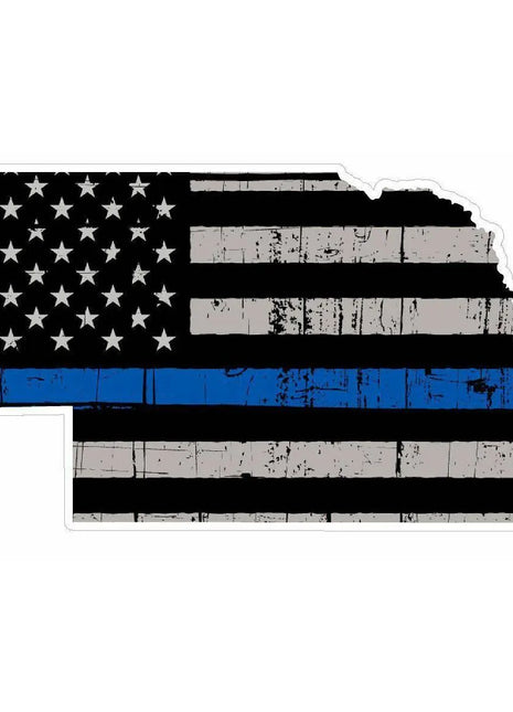 Thin Blue line decal - State of Nebraska Grey Tattered Flag Decal - Various Sizes.