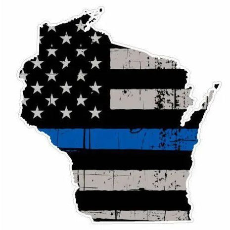 Thin Blue line decal - State of Wisconsin Tattered Flag Decal - Various Sizes.