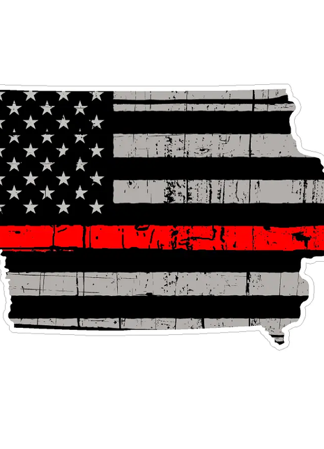 Thin Red line decal - State of Iowa Grey Tattered Flag - Various Sizes.