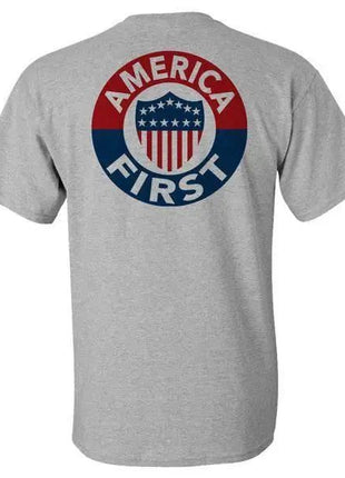 AMERICA FIRST! - ATHLETIC GREY T-SHIRT 100% MaDE iN USA S M L XL 2XL 3XL 4XL 5XL.
