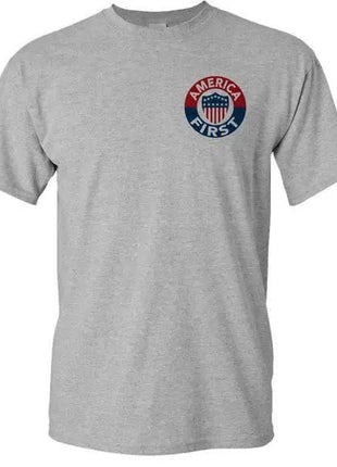 AMERICA FIRST! - ATHLETIC GREY T-SHIRT 100% MaDE iN USA S M L XL 2XL 3XL 4XL 5XL.