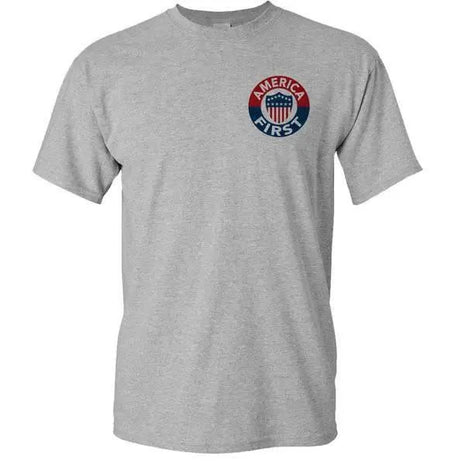 AMERICA FIRST! - ATHLETIC GREY T-SHIRT 100% MaDE iN USA S M L XL 2XL 3XL 4XL 5XL.