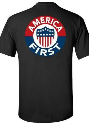 AMERICA FIRST! - BLACK T-SHIRT 100% MADE IN USA S M L XL 2XL 3XL 4XL 5XL.