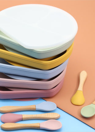 Baby Silicone Compartment Plate With Wooden Spoon