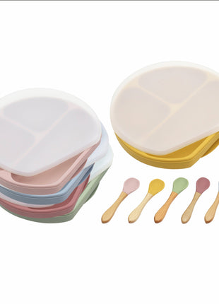 Baby Silicone Compartment Plate With Wooden Spoon